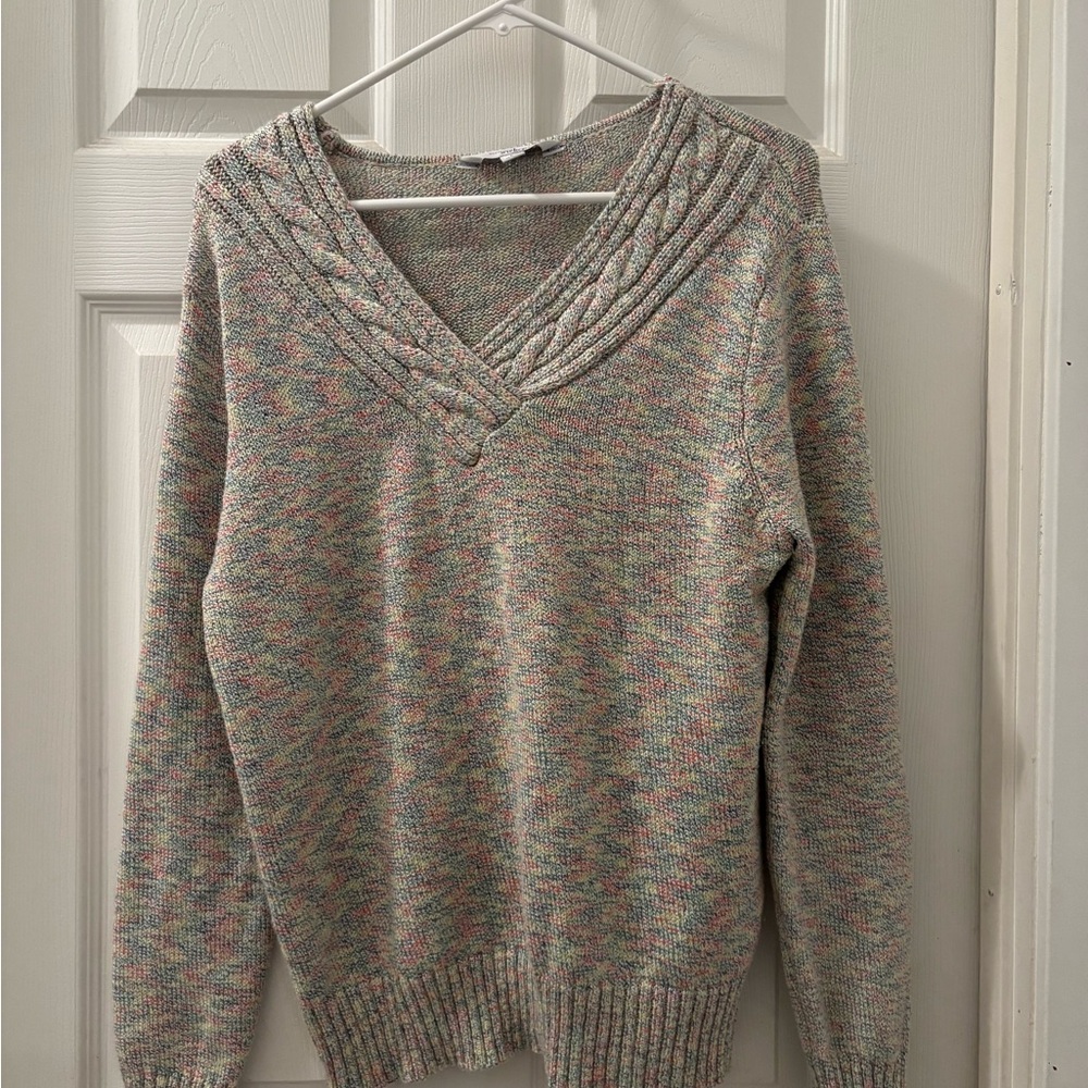 Great Northwest Clothing Company Pastel Speckled V-Neck Cable Trim Sweater
